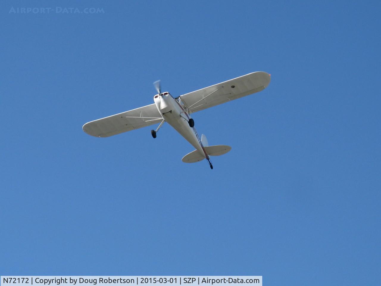 N72172, 1946 Cessna 140 C/N 9341, Early 1946 Cessna 140, Continental C85 85 Hp, takeoff climb Rwy 04. Fabric covered wings and dual wing struts show this aircraft is an early Cessna 140. The later Cessna 140A had a single strut and all metal wings.