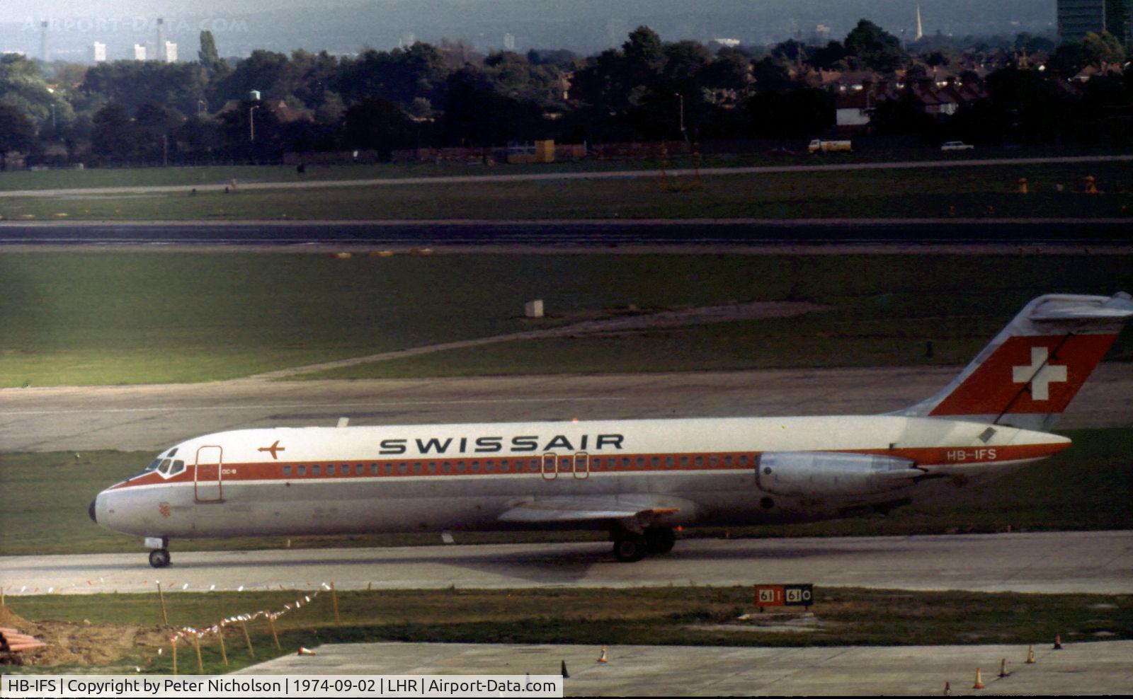HB-IFS, 1967 Douglas DC-9-32 C/N 47113, Swissair DC-9-32 as seen at Heathrow in the Summer of 1974.