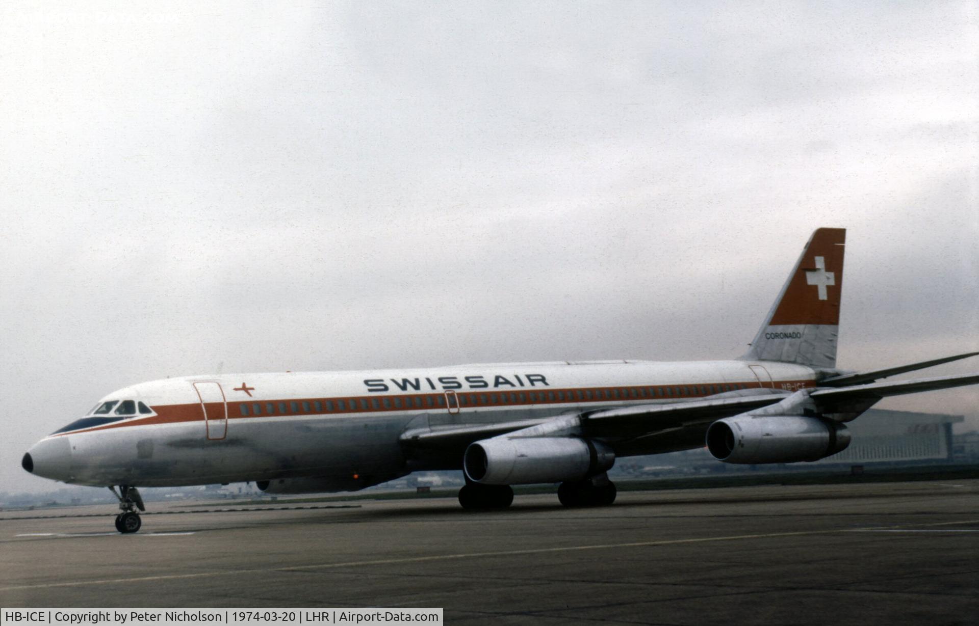 HB-ICE, 1962 Convair CV-990-30A-6 Coronado C/N 30-10-14, Swissair CV.990A Coronado as seen at Heathrow in the Spring of 1974.