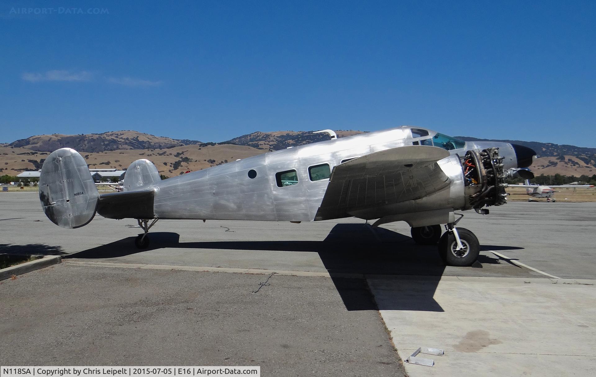 N118SA, 1954 Beech E18S C/N BA-14, A privately owned 1954 Beech E18S (INDEPENDENCE, OR) parked at the Magnum Aviation Ramp for maintenance at South County Airport, CA. It was once a local flyer in San Jose, CA until the owner moved to Oregon.