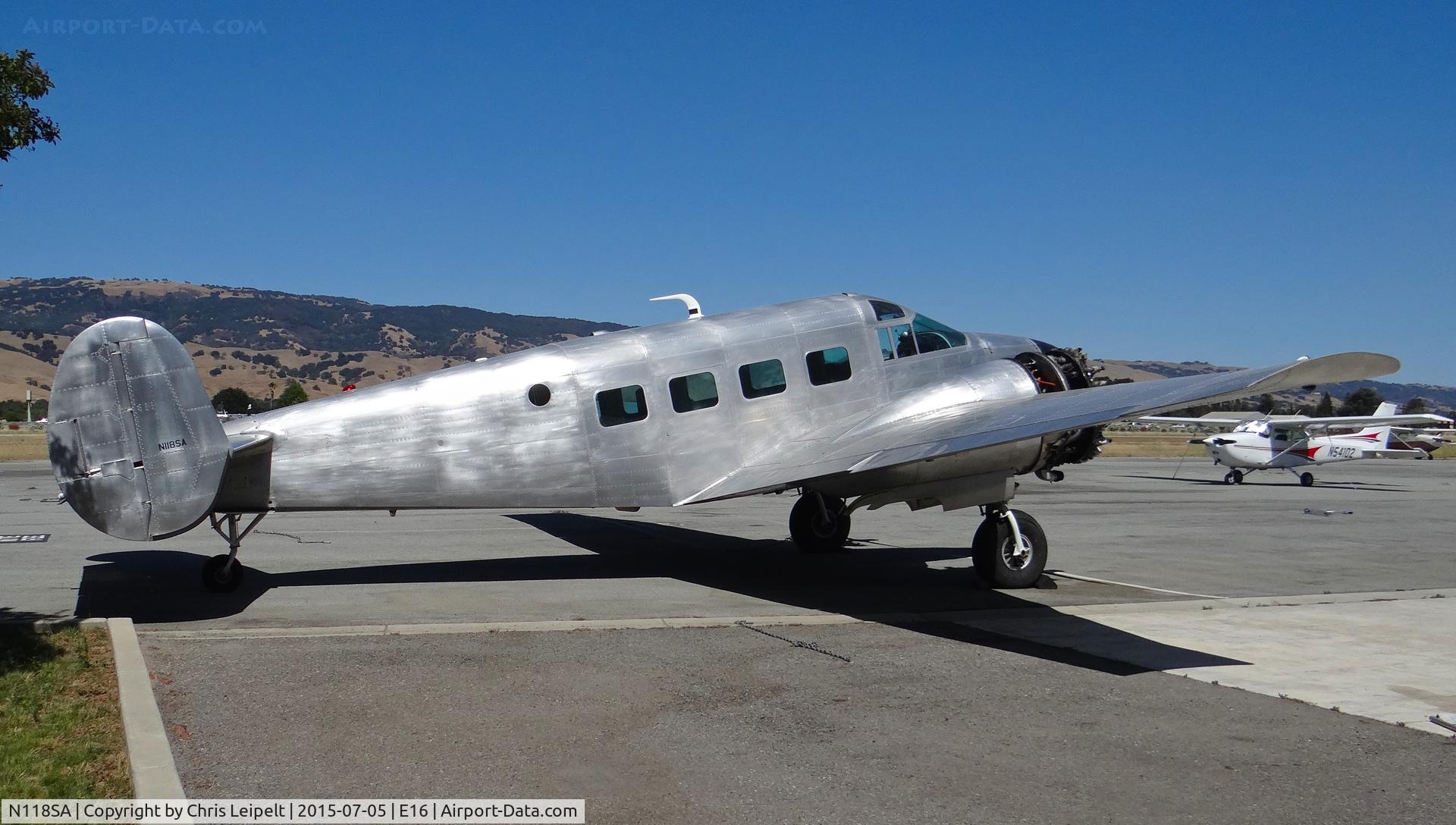 N118SA, 1954 Beech E18S C/N BA-14, A privately owned 1954 Beech E18S (INDEPENDENCE, OR) parked at the Magnum Aviation Ramp for maintenance at South County Airport, CA. It was once a local flyer in San Jose, CA until the owner moved to Oregon.
