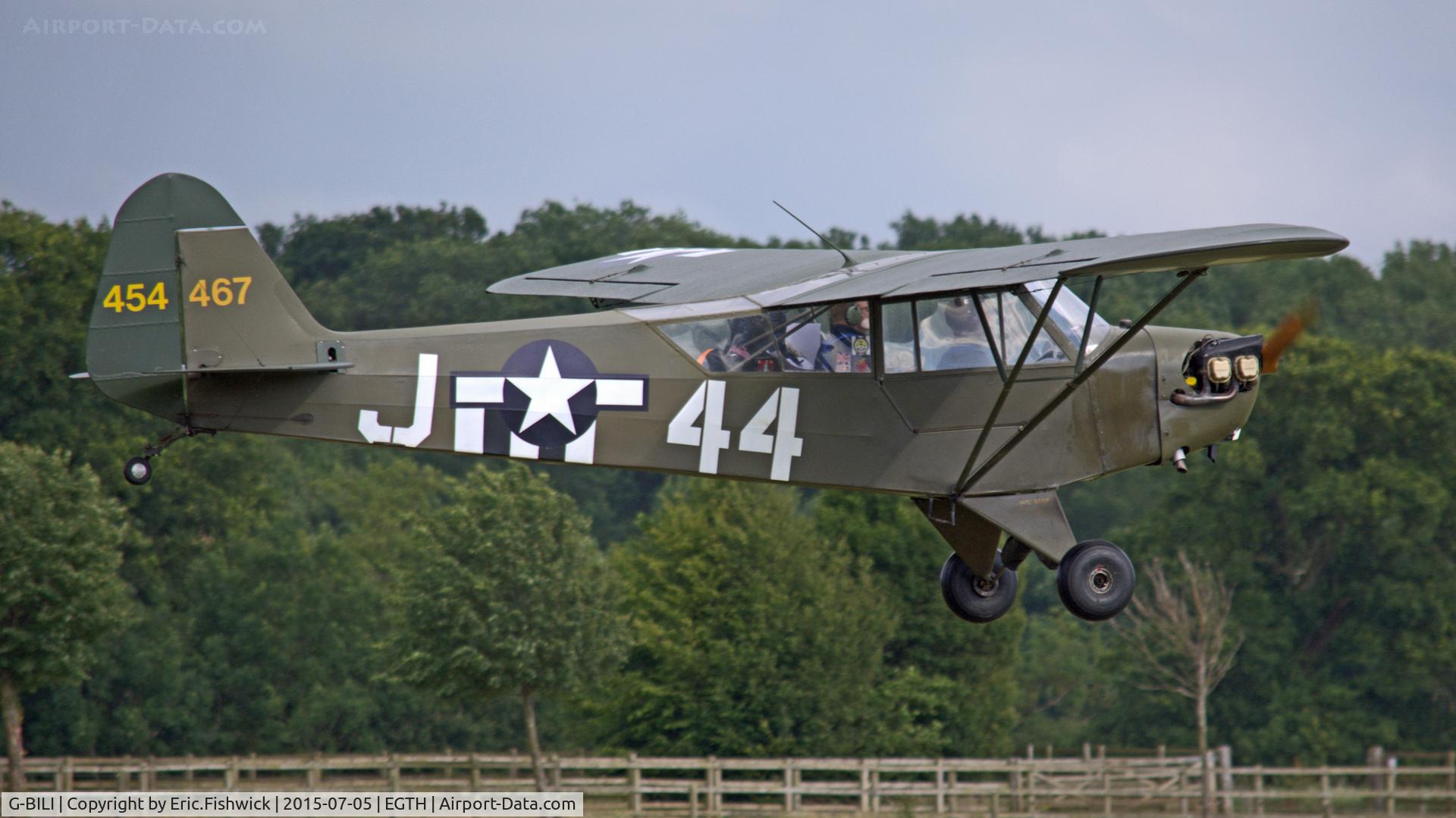 G-BILI, 1948 Piper L-4J Grasshopper (J3C-65D) C/N 13207, 42. 454467 departing the Shuttleworth Military Pagent Airshow, July 2015.