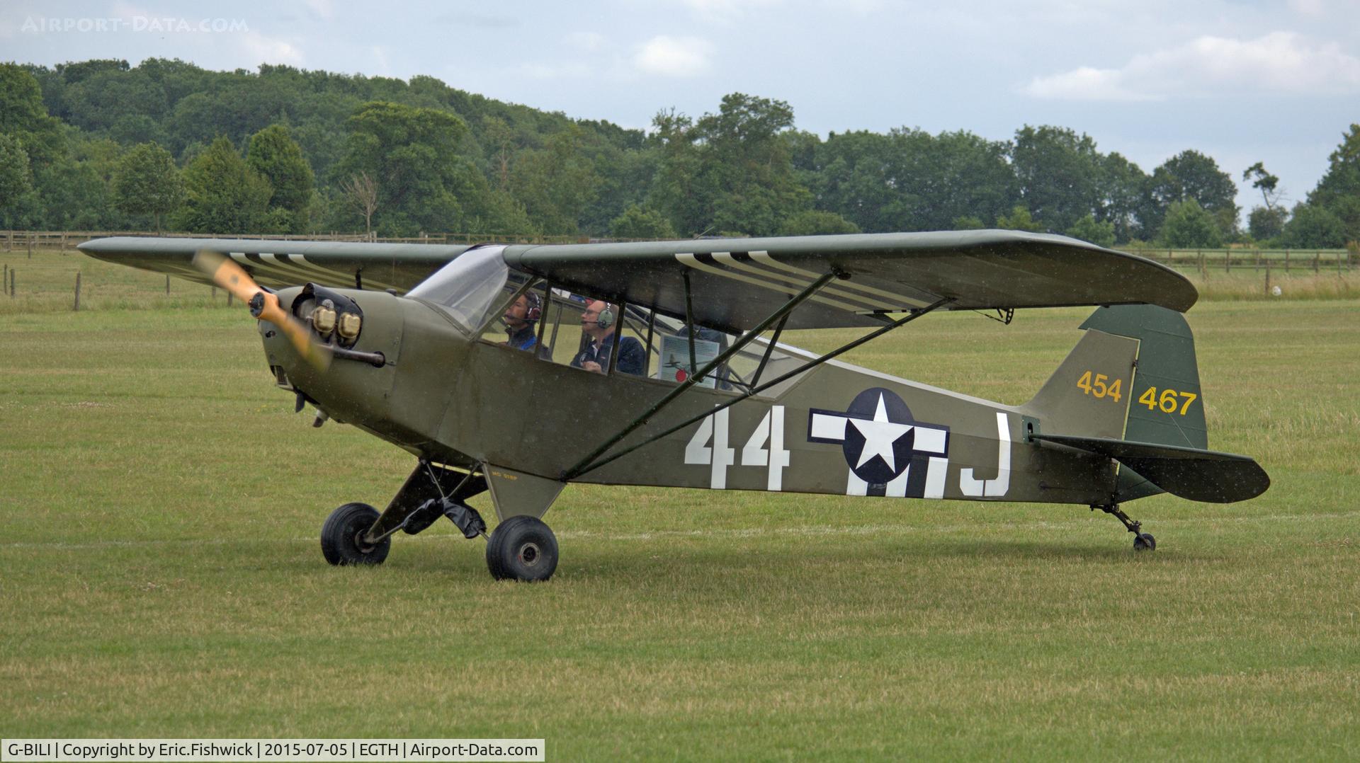 G-BILI, 1948 Piper L-4J Grasshopper (J3C-65D) C/N 13207, 1. 454467 preparing to depart the Shuttleworth Military Pagent Airshow, July 2015.