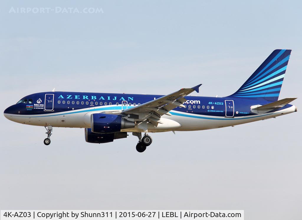 4K-AZ03, 2005 Airbus A319-111 C/N 2516, Landing rwy 25R with additional 'Baku2015' titles