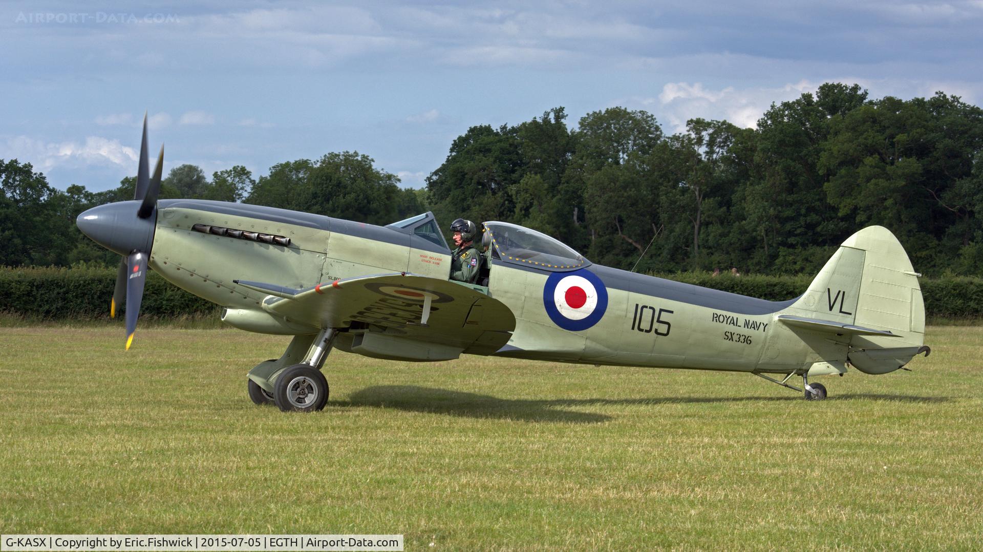 G-KASX, 1946 Supermarine 395 Seafire F.XVII C/N FLWA 25488, 1. SX336 (Kennet Aviation) at the Shuttleworth Military Pagent Airshow, July 2015.