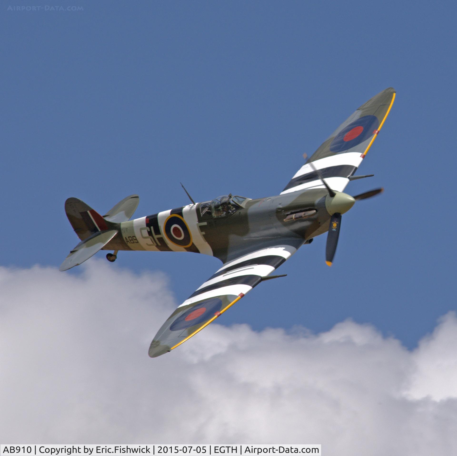 AB910, Supermarine 349 Spitfire LF.Vb C/N CBAF.1061, 43. AB910 (B.B.M.F.) in superb display mode at the Shuttleworth Military Pagent Airshow, July 2015.