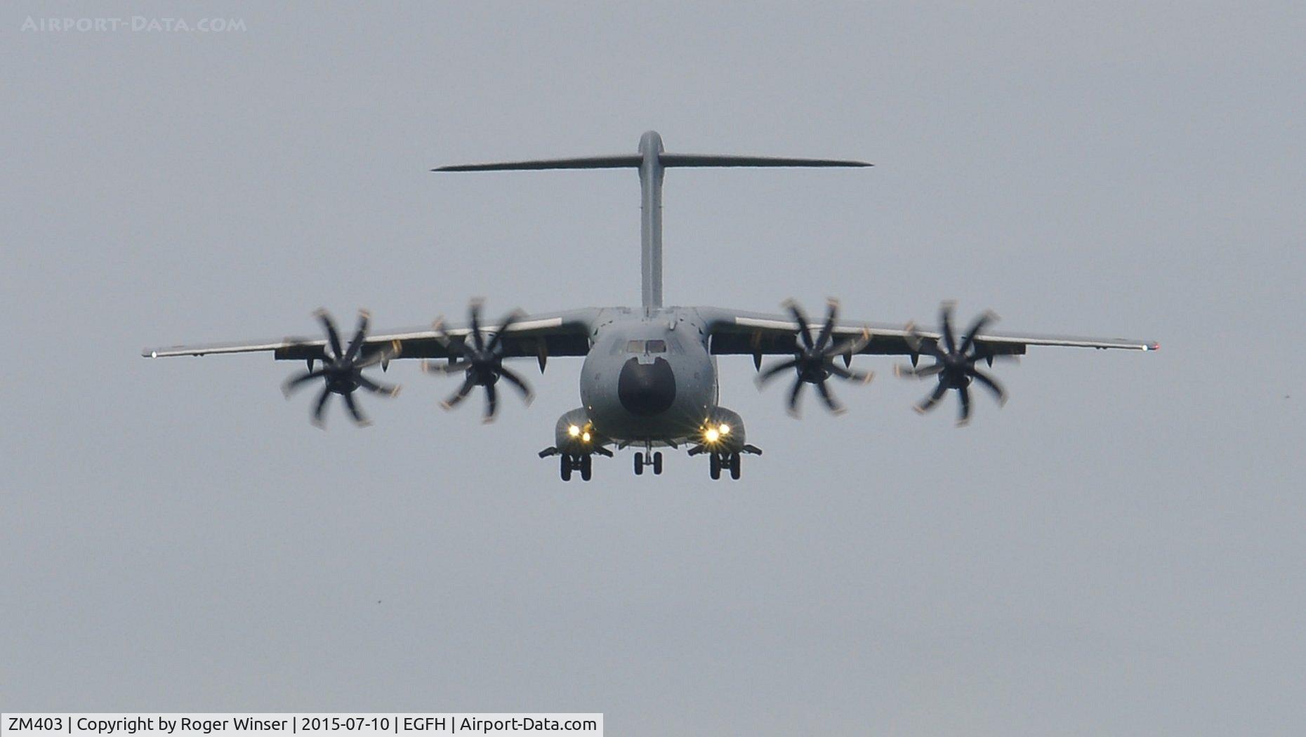 ZM403, 2015 Airbus A400M-180 Atlas C.1 C/N 020, RAF Atlas C.1 aircraft coded 403, the latest addition to the Brize Norton Transport Wing makes an approach for a low pass over Runway 22..
