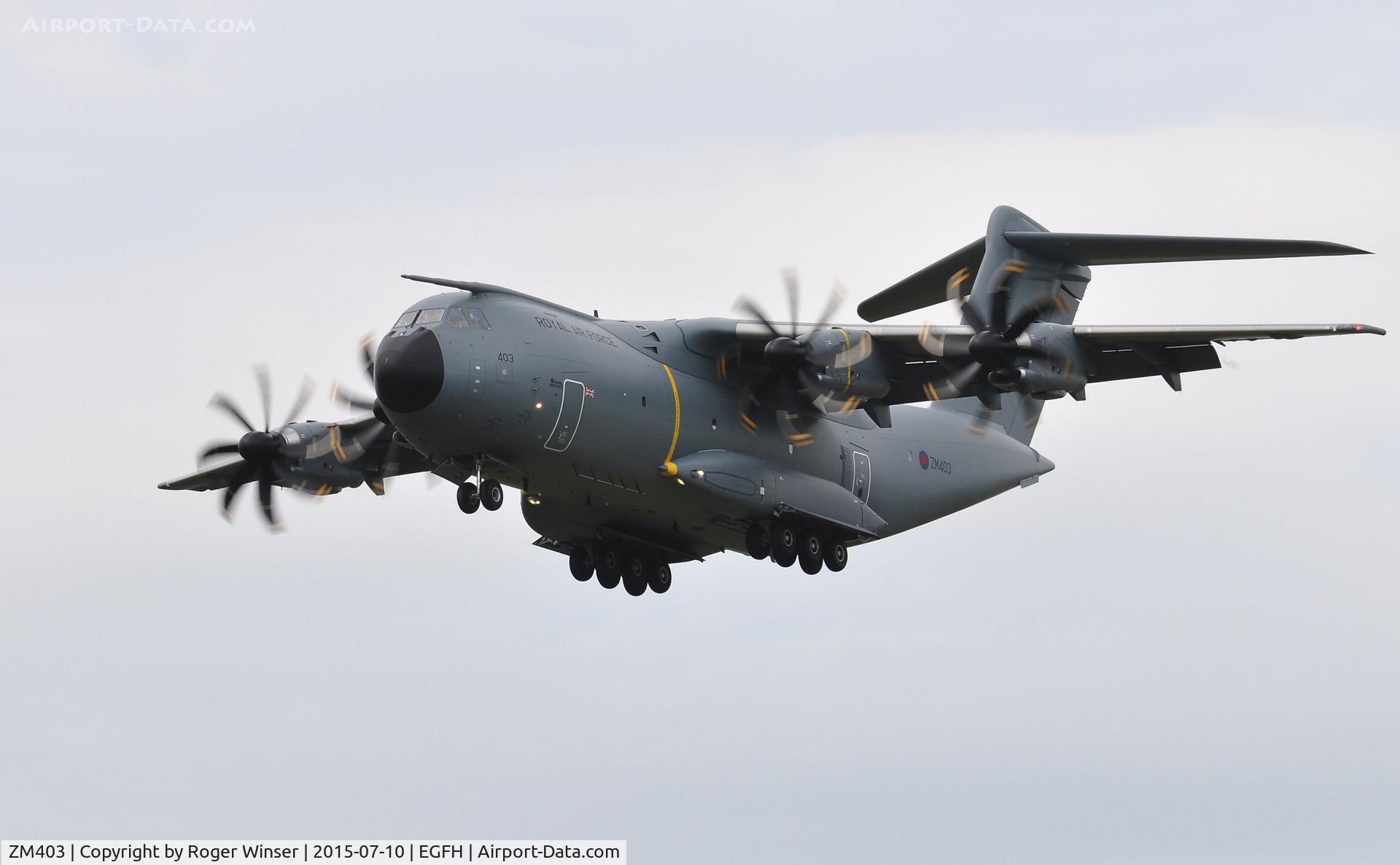 ZM403, 2015 Airbus A400M-180 Atlas C.1 C/N 020, RAF Atlas C.1 aircraft coded 403, the latest addition to the Brize Norton Transport Wing makes a low pass over Runway 22.