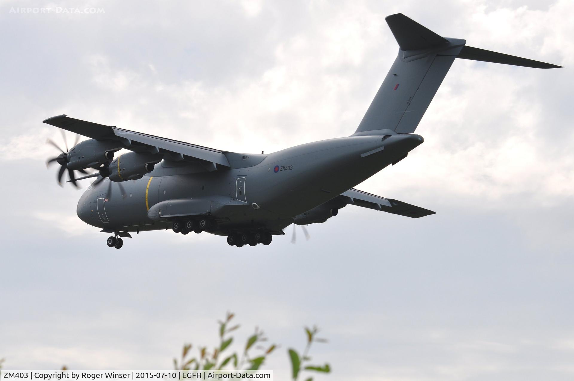 ZM403, 2015 Airbus A400M-180 Atlas C.1 C/N 020, RAF Atlas C.1 aircraft coded 403, the latest addition to the Brize Norton Transport Wing makes a low pass over Runway 22.