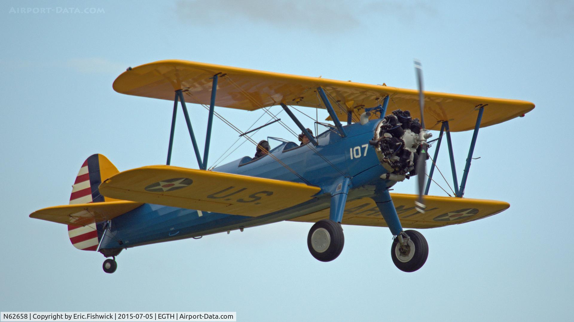 N62658, 1942 Boeing A75N1(PT17) C/N 75-4270, 42. N62658 departing the Shuttleworth Military Pagent Airshow, July 2015.