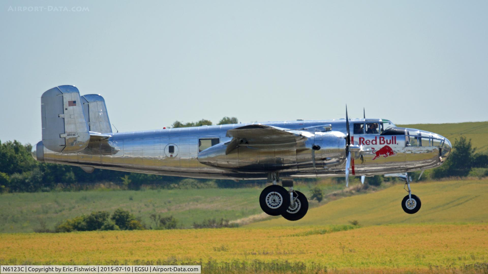 N6123C, 1945 North American B-25J-30-NC Mitchell Mitchell C/N 108-47647, 42. N6123C arriving for The Flying Legends Air Show, July 2015.