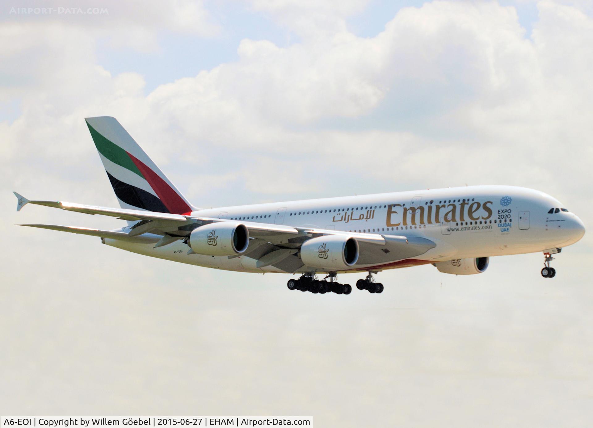 A6-EOI, 2014 Airbus A380-861 C/N 178, Landing on runway 27 of Schiphol Airport