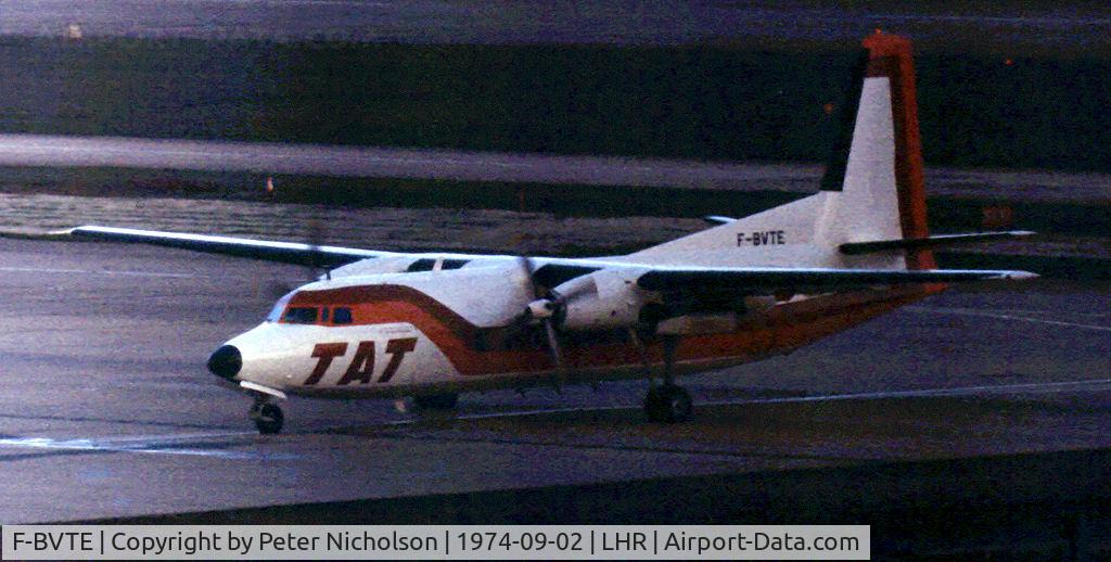 F-BVTE, 1963 Fokker F-27-200 Friendship C/N 10230, F-27-200 Friendship of Touraine Air Transport as seen at Heathrow in September 1974.