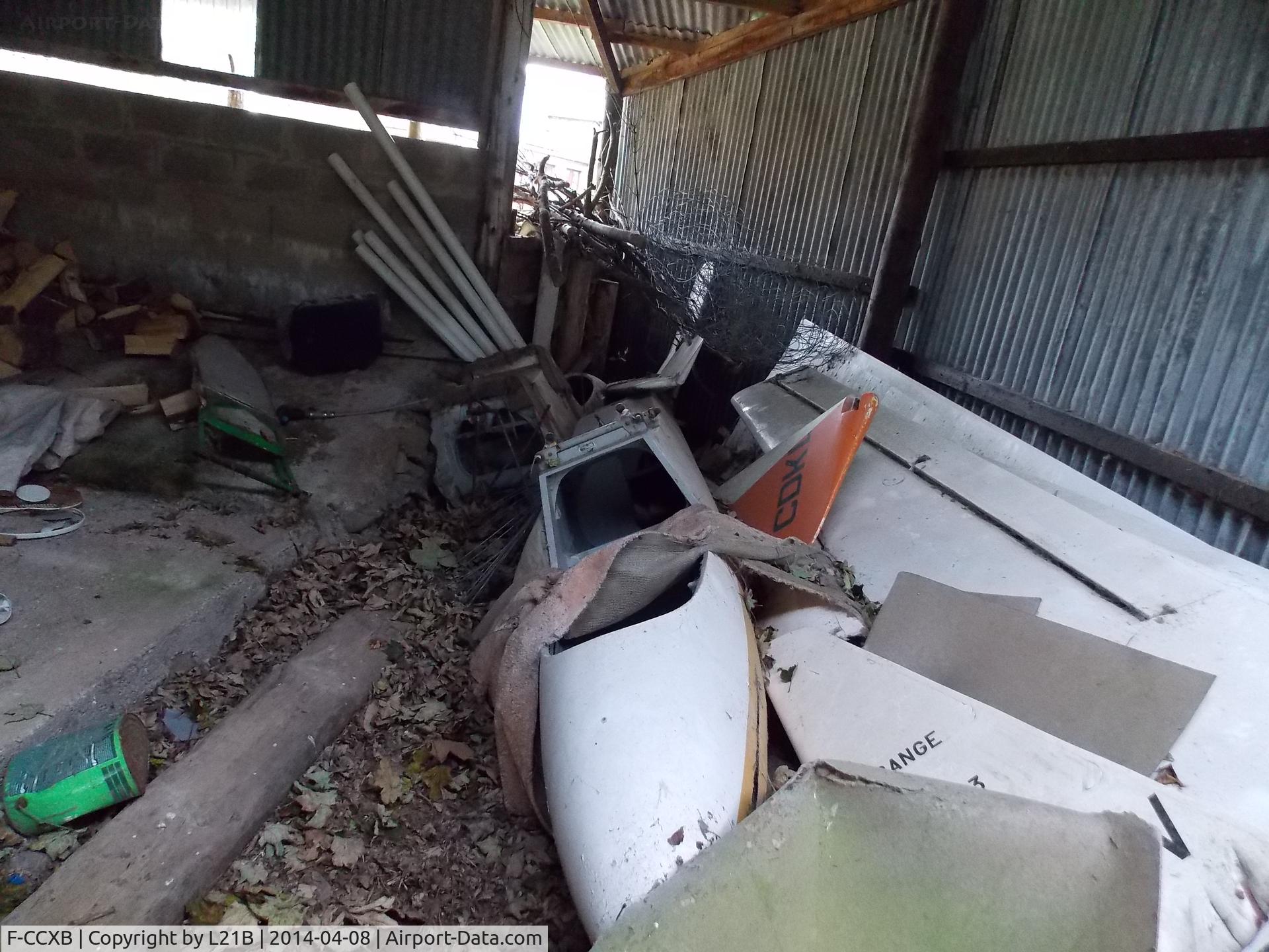 F-CCXB, Carmam M-100S Mesange C/N 38, This aircraft was found in a barn in Scotland April 2014 with broken a fuselage along with F-CCSV the wings were underneath F-CCSV it was salvaged of spares to help restore SN 03 F-CCPB now G-DEPG to return to flight, the remainder of the aircraft was des