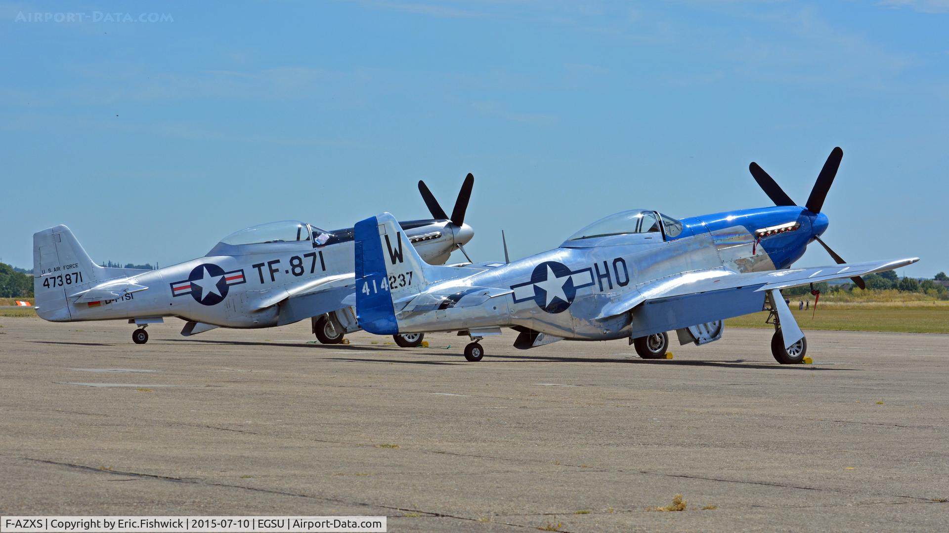 F-AZXS, 1944 North American F-51D Mustang C/N 122-40196, 5. 'Moonbeam' with 473871 awaiting The Flying Legends Air Show, July 2015.