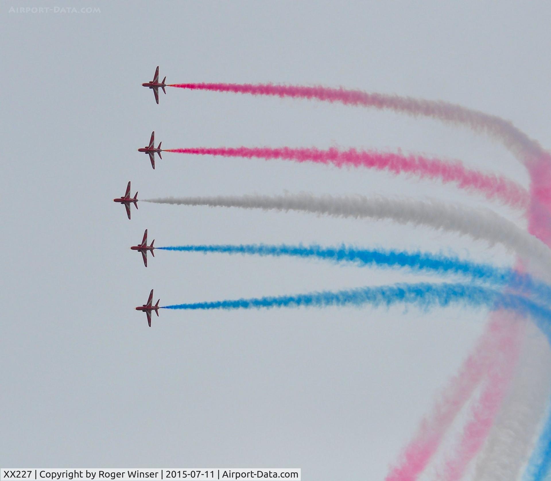 XX227, 1978 Hawker Siddeley Hawk T.1A C/N 063/312063, Off airport. XX227 leading the RAF Red Arrows in 'Enid' formation on the first day of the Wales National Airshow held over Swansea Bay.