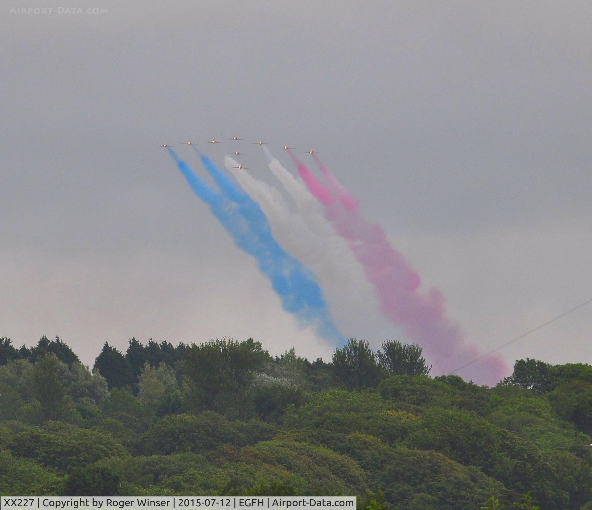 XX227, 1978 Hawker Siddeley Hawk T.1A C/N 063/312063, XX227 leading the RAF Red Arrows after displaying on the second day of the Wales National Airshow held over Swansea Bay.