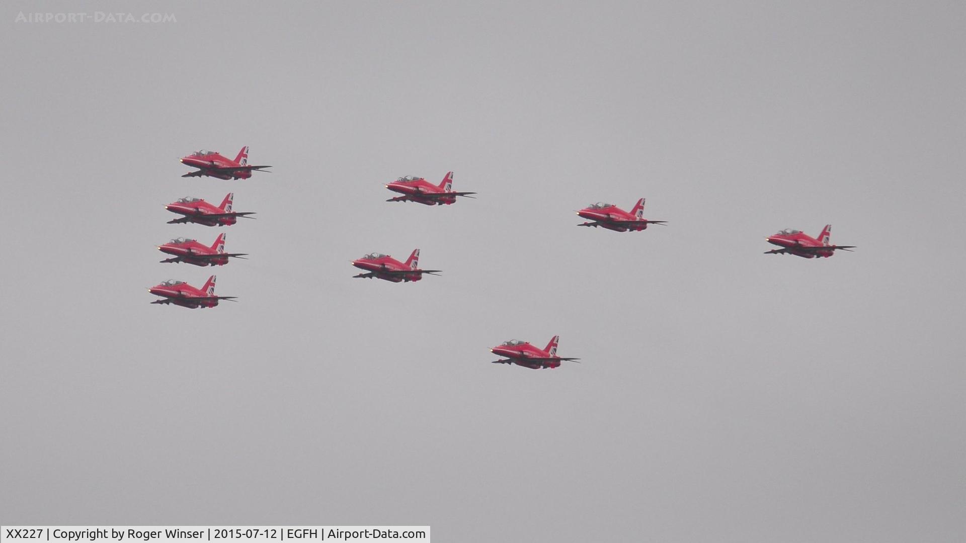 XX227, 1978 Hawker Siddeley Hawk T.1A C/N 063/312063, XX227 leading the RAF Red Arrows after displaying on the second day of the Wales National Airshow held over Swansea Bay.