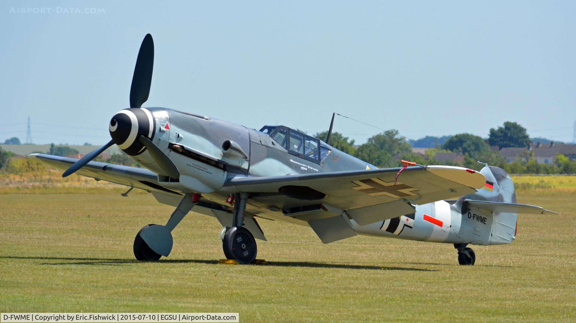 D-FWME, Messerschmitt Bf-109G-4 C/N 0139, 3. D-FWME awaiting The Flying Legends Air Show, July 2015.