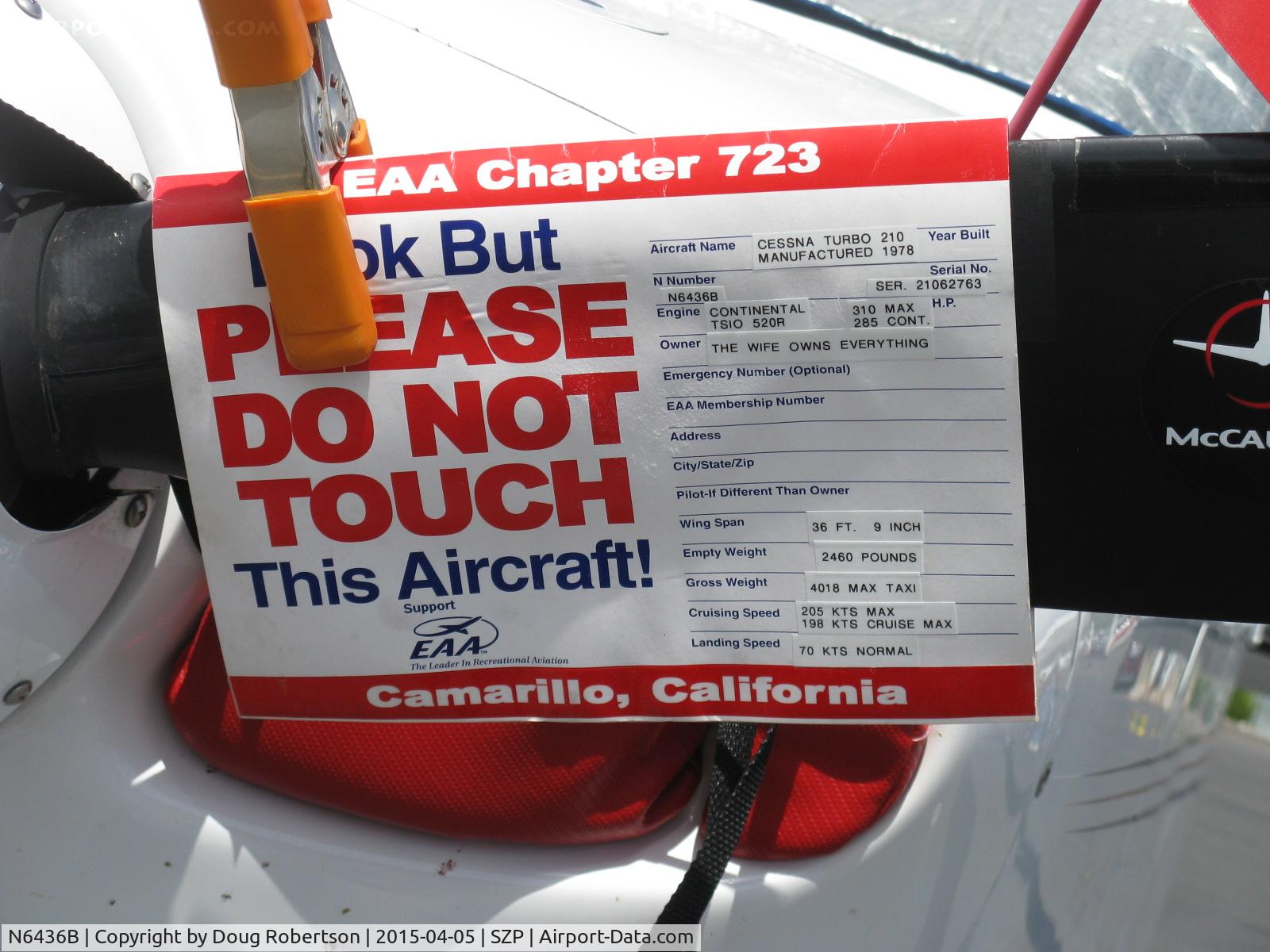 N6436B, 1978 Cessna T210M Turbo Centurion C/N 21062763, 1978 Cessna T210M TURBO CENTURION, Continental TSIO-520R 310 Hp, 3-blade CS prop, 6 seats, data card with a little humor