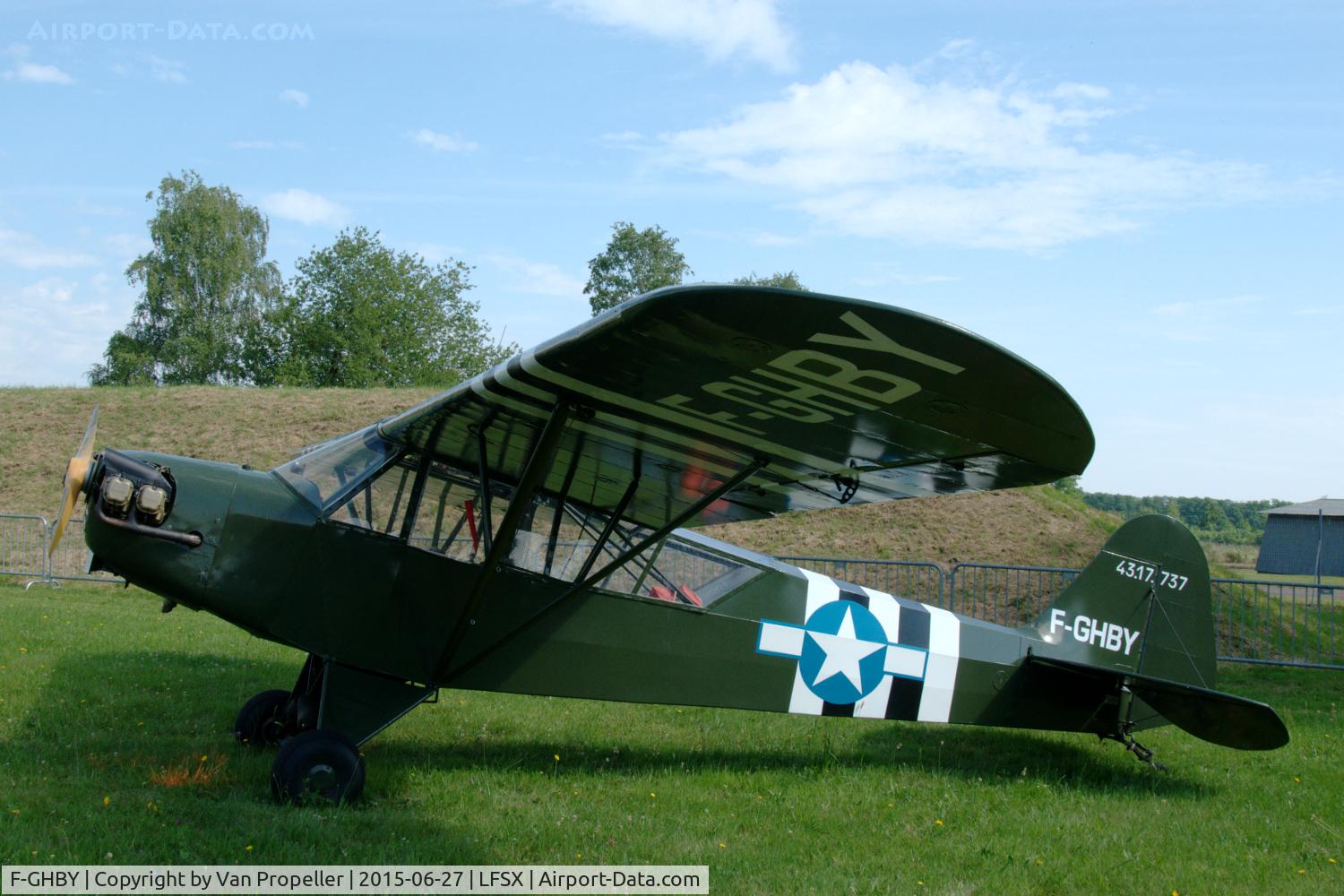 F-GHBY, 1943 Piper L-4A Grasshopper C/N 43-17737, Piper J-3C-65 Cub parked at French Air Force Base Luxeuil for the 2015 Air Meeting.