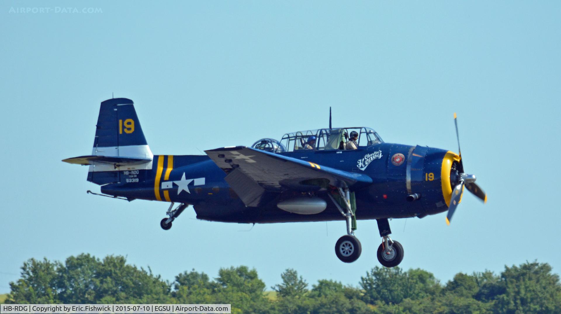 HB-RDG, 1945 Grumman TBM-3R Avenger C/N 3381, 43. HB-RDG arriving on the eve of Flying Legends Air Show, Duxford - July 2015.
