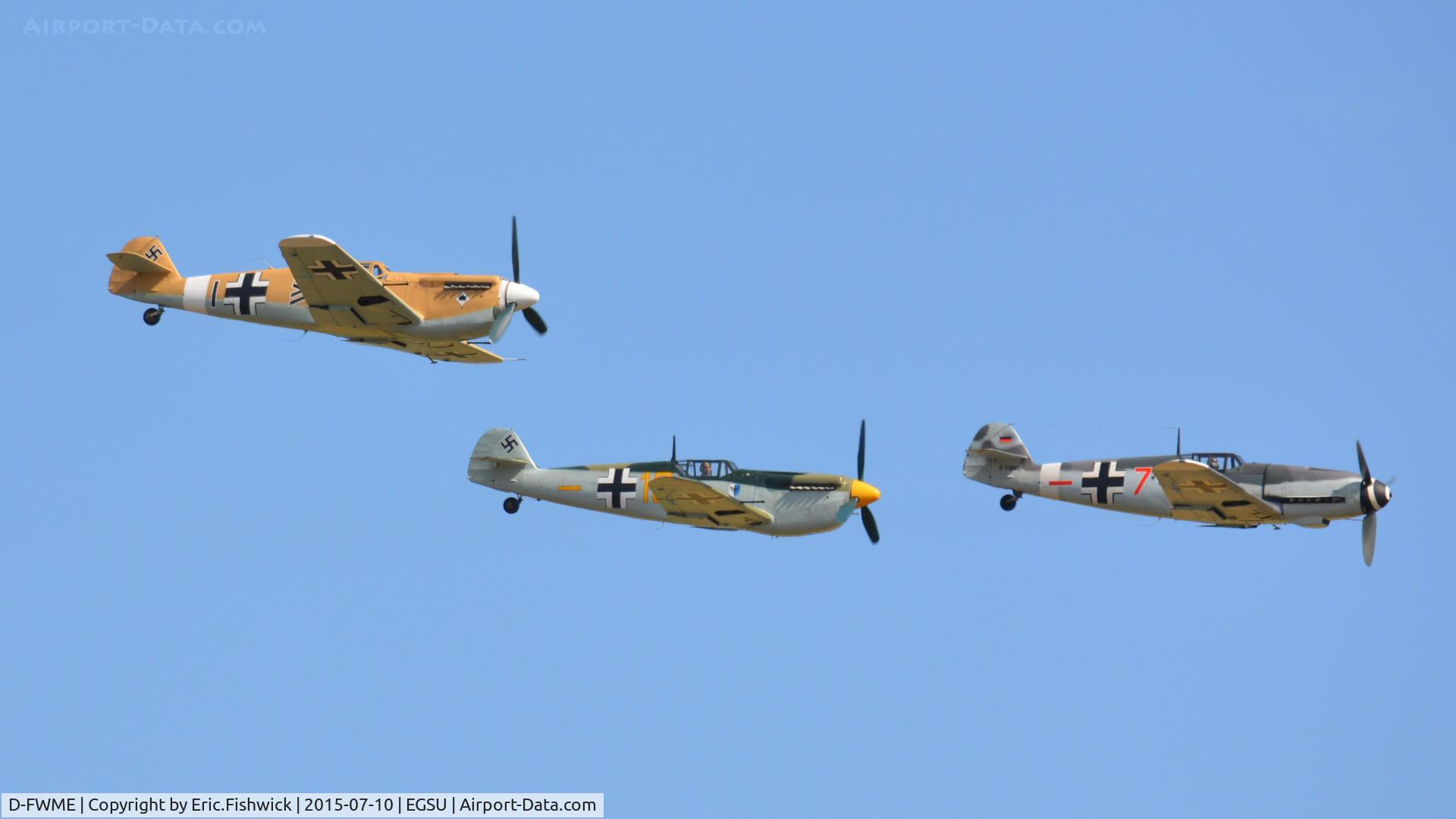 D-FWME, Messerschmitt Bf-109G-4 C/N 0139, 45. Bf-109 leading two Buchons on the eve of Flying Legends Air Show, Duxford - July 2015.