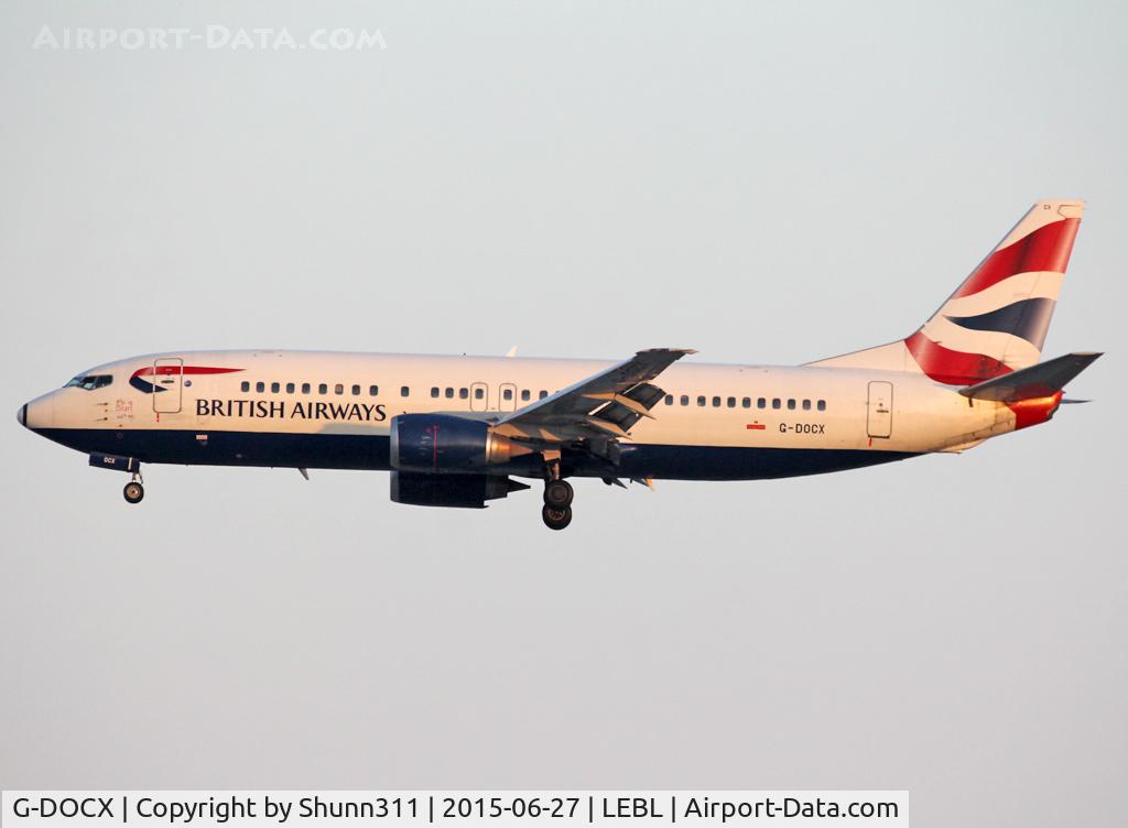 G-DOCX, 1993 Boeing 737-436 C/N 25857, Landing rwy 07L with additional 'Fly..ig Start' patch near first door