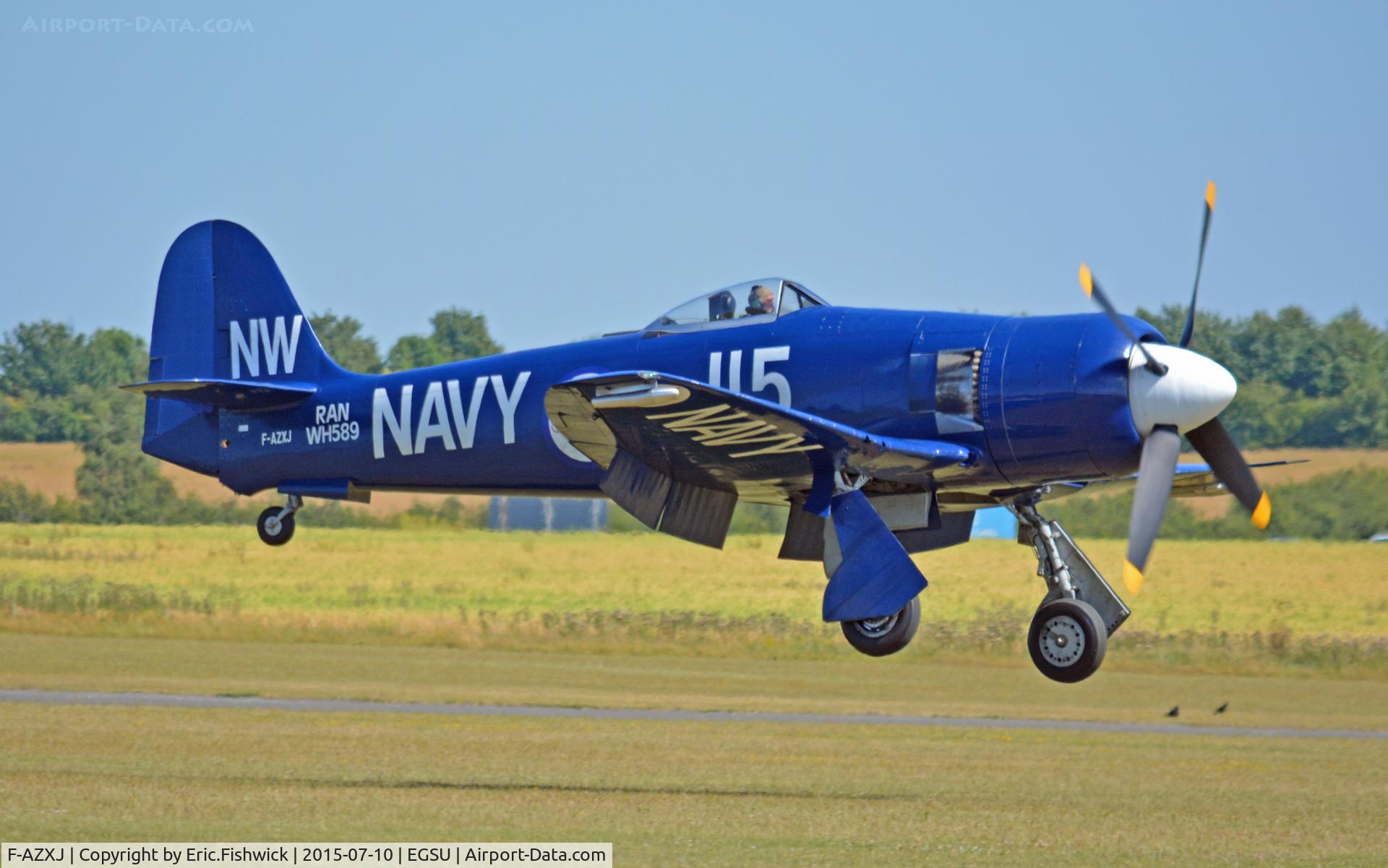 F-AZXJ, 1949 Hawker Sea Fury FB.11 C/N 37733, 43. F-AZXJ arriving on the eve of The Flying Legends Air Show, July 2015.