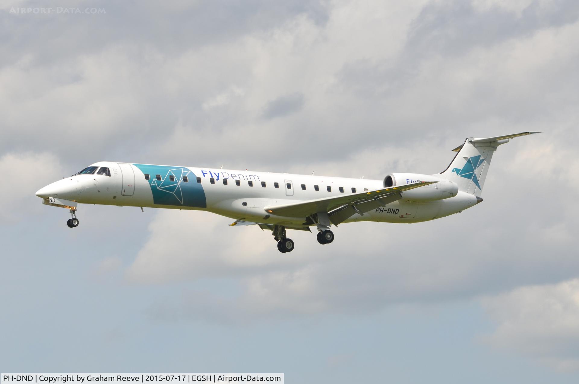 PH-DND, 2001 Embraer EMB-145MP (ERJ-145MP) C/N 145406, Landing at Norwich.