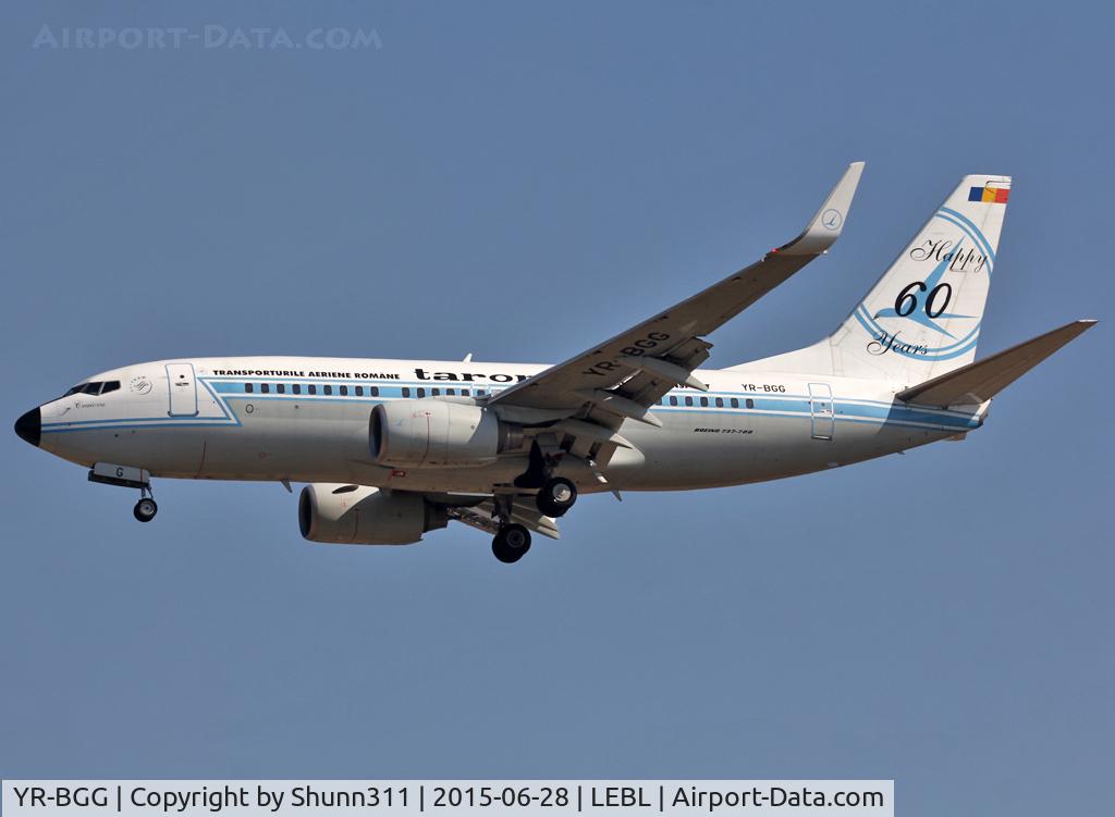 YR-BGG, 2001 Boeing 737-78J C/N 28442, Landing rwy 25R still in Retro c/s with additional 60th anniversary titles on tail