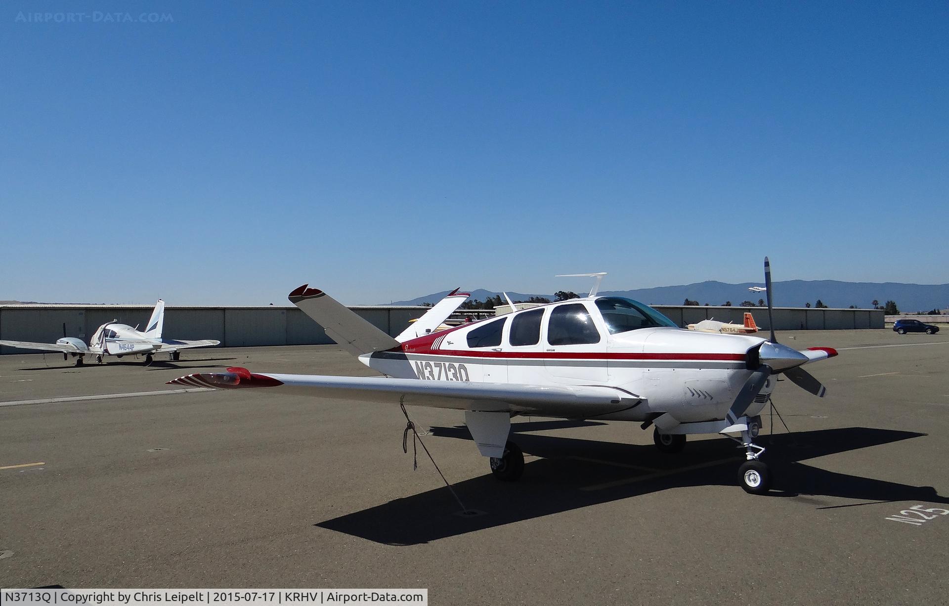 N3713Q, 1966 Beech V35 Bonanza C/N D-8370, A transient 1966 Beech Bonanza V35 (Goleta, CA) parked at the south tie downs to avoid the tie down fees at transient parking at Reid Hillview Airport, CA. He got billed anyway.