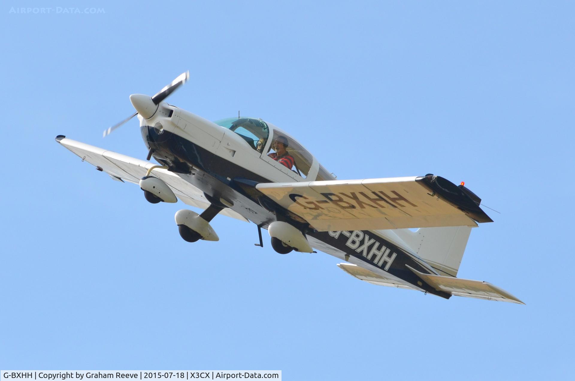G-BXHH, 1976 Grumman American AA-5A Cheetah C/N AA5A-0105, Departing from Northrepps.