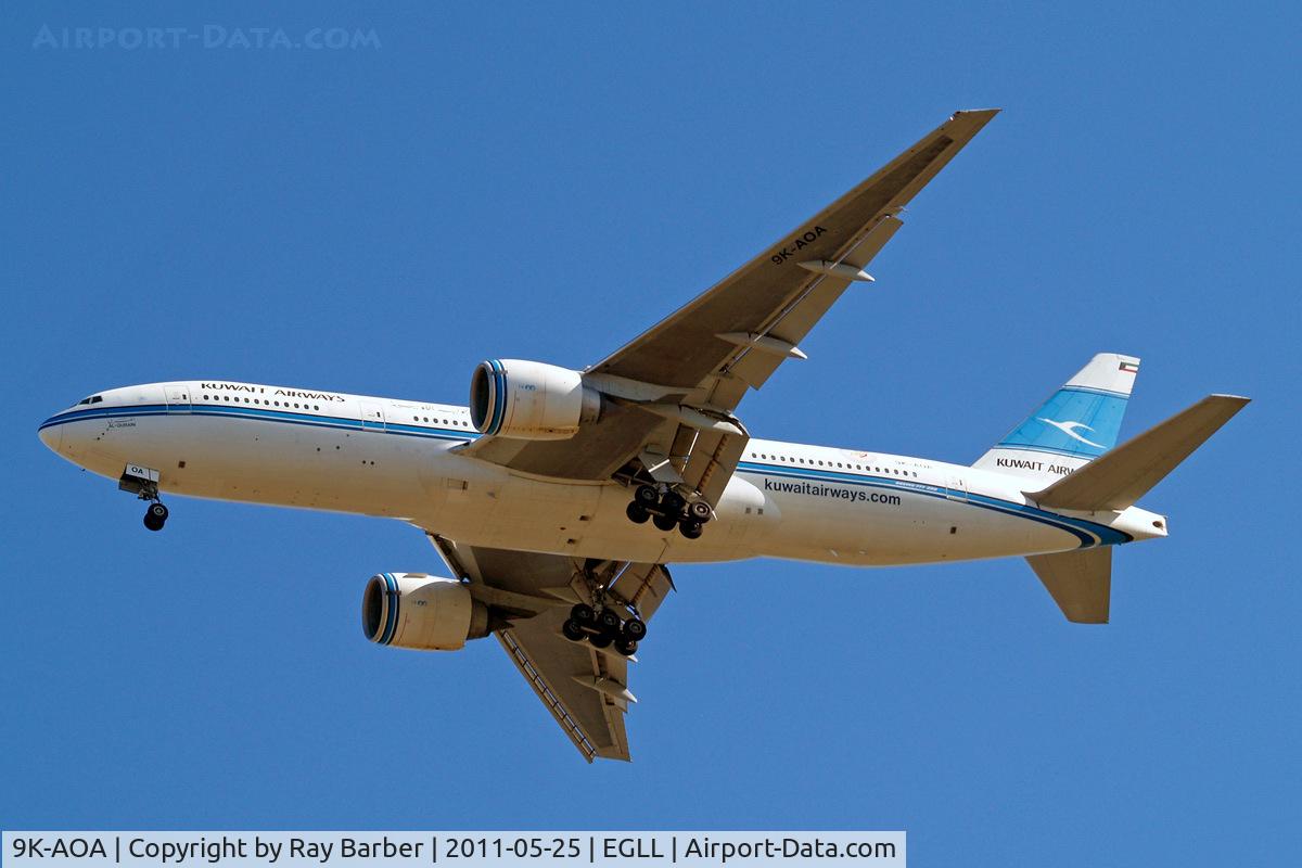 9K-AOA, 1998 Boeing 777-269/ER C/N 28743, Boeing 777-269ER [28743] (Kuwait Airways) Home~G 25/05/2011. On approach 27R. Wears sticker 50 Golden Jubilee 1954-2004 alongside the registration.
