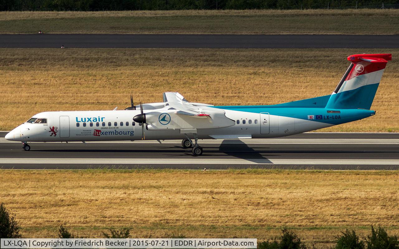 LX-LQA, 2014 De Havilland Canada DHC-8-402 Dash 8 C/N 4468, decelerating after touchdown