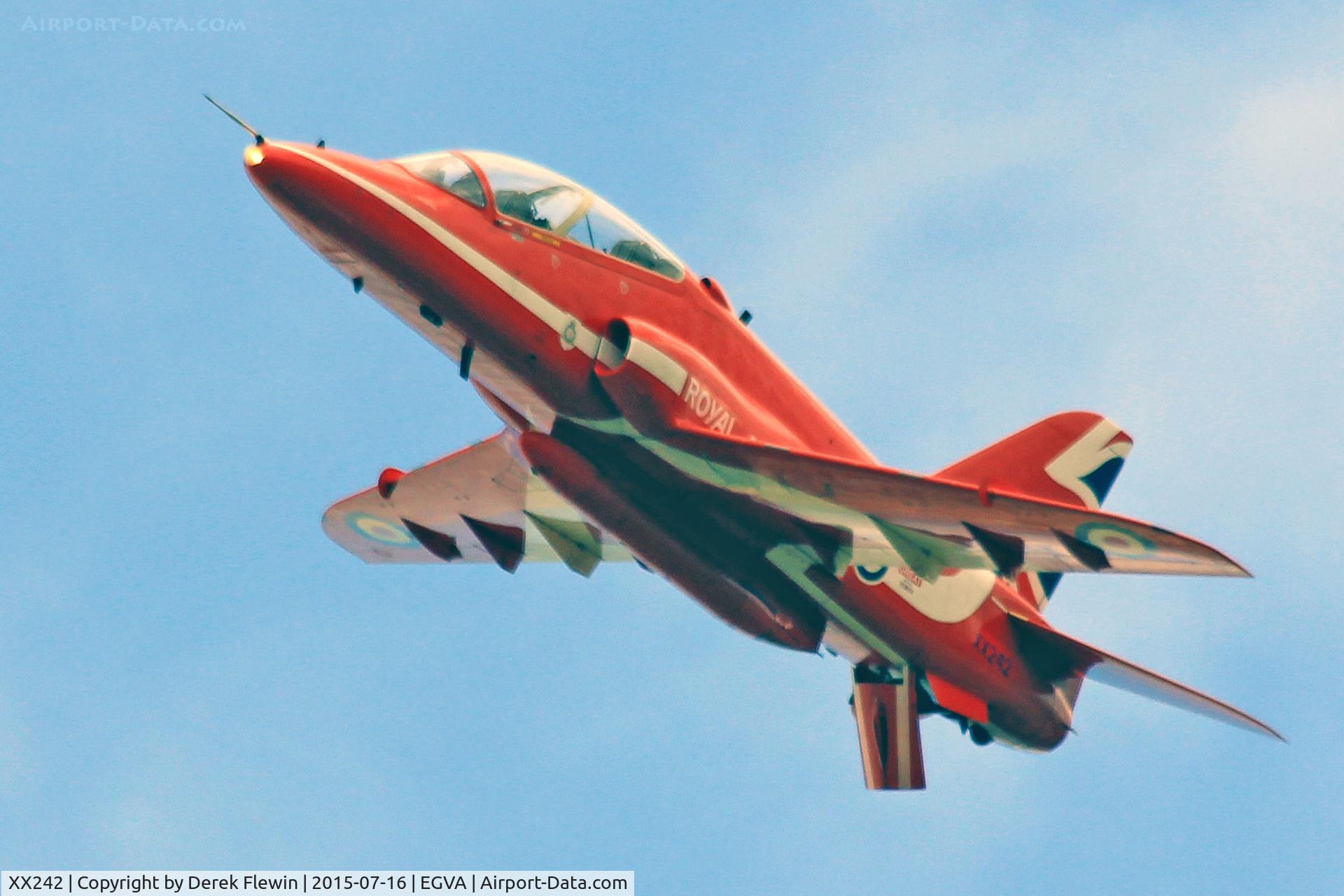 XX242, 1978 Hawker Siddeley Hawk T.1 C/N 078/312078, Hawk T.1, practicing for RIAT 2015, seen over the domestic site at RAF Fairford.