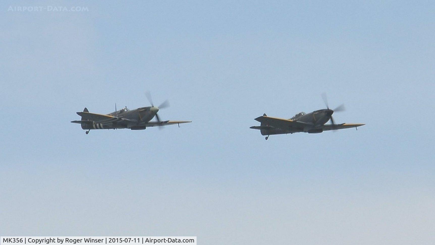 MK356, 1944 Supermarine 361 Spitfire LF.IXc C/N CBAF.IX.1561, Off airport. Spitfire LF.IXc MK356 carrying 5J-K markings of 126 Squadron RAF in formation with Spitfire LF.XVI carrying 4D-V markings of 74 Squadron RAF. Displaying on the first day of the Wales National Airshow held over Swansea Bay.
