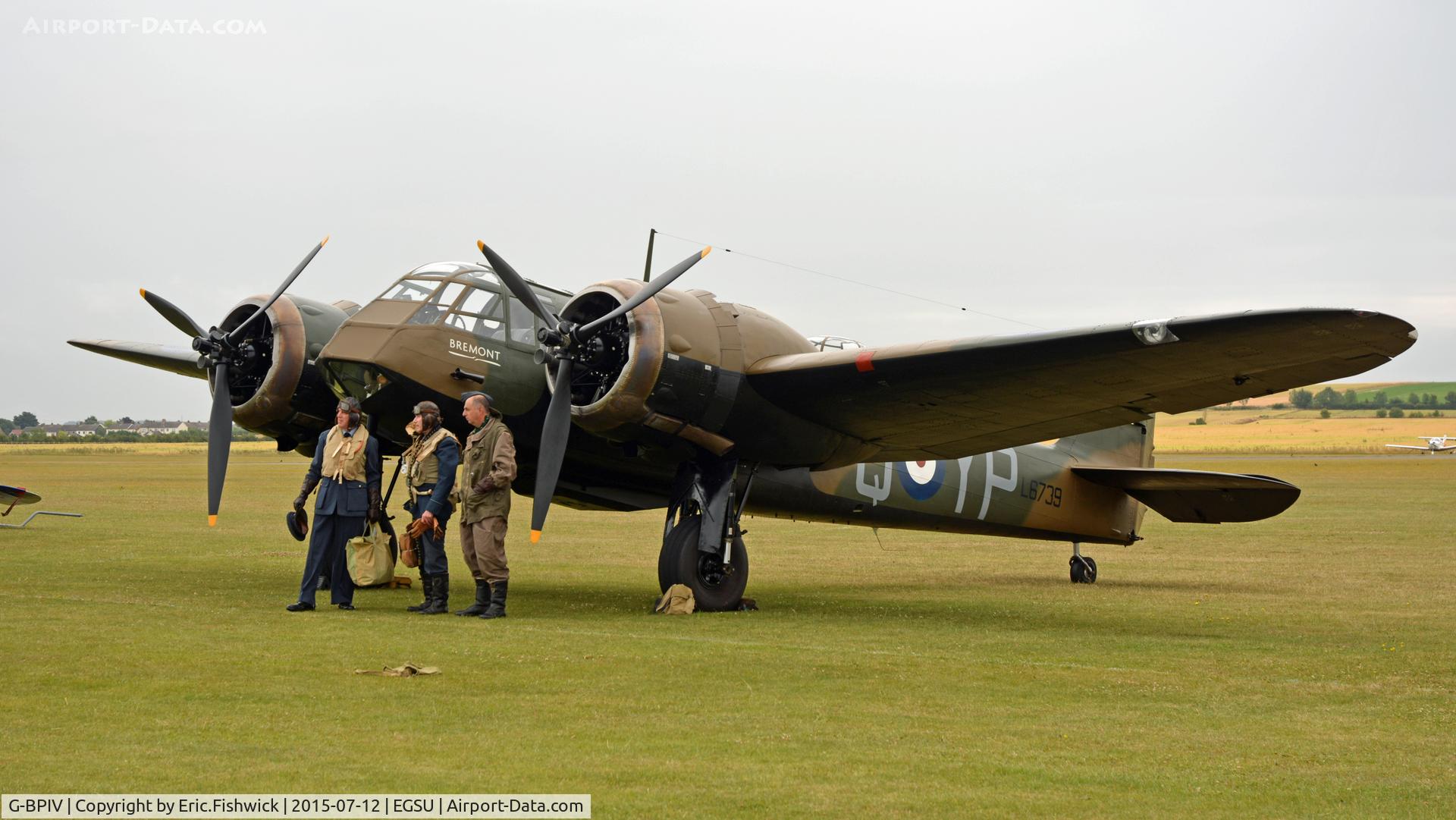 G-BPIV, 1943 Bristol 149 Bolingbroke Mk.IVT C/N 10201, 4. G-BPIV - (now as a Bristol Blenheim Mk1) with a team of re-enactors at The IWM VE Day Anniversary Air Show, May 2015.