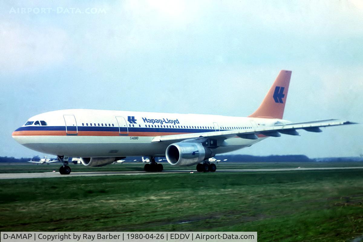 D-AMAP, 1974 Airbus A300B4-103 C/N 009, Airbus A300B4-103 [009] (Hapag-Lloyd) Hannover~D 26/04/1980. From a slide.