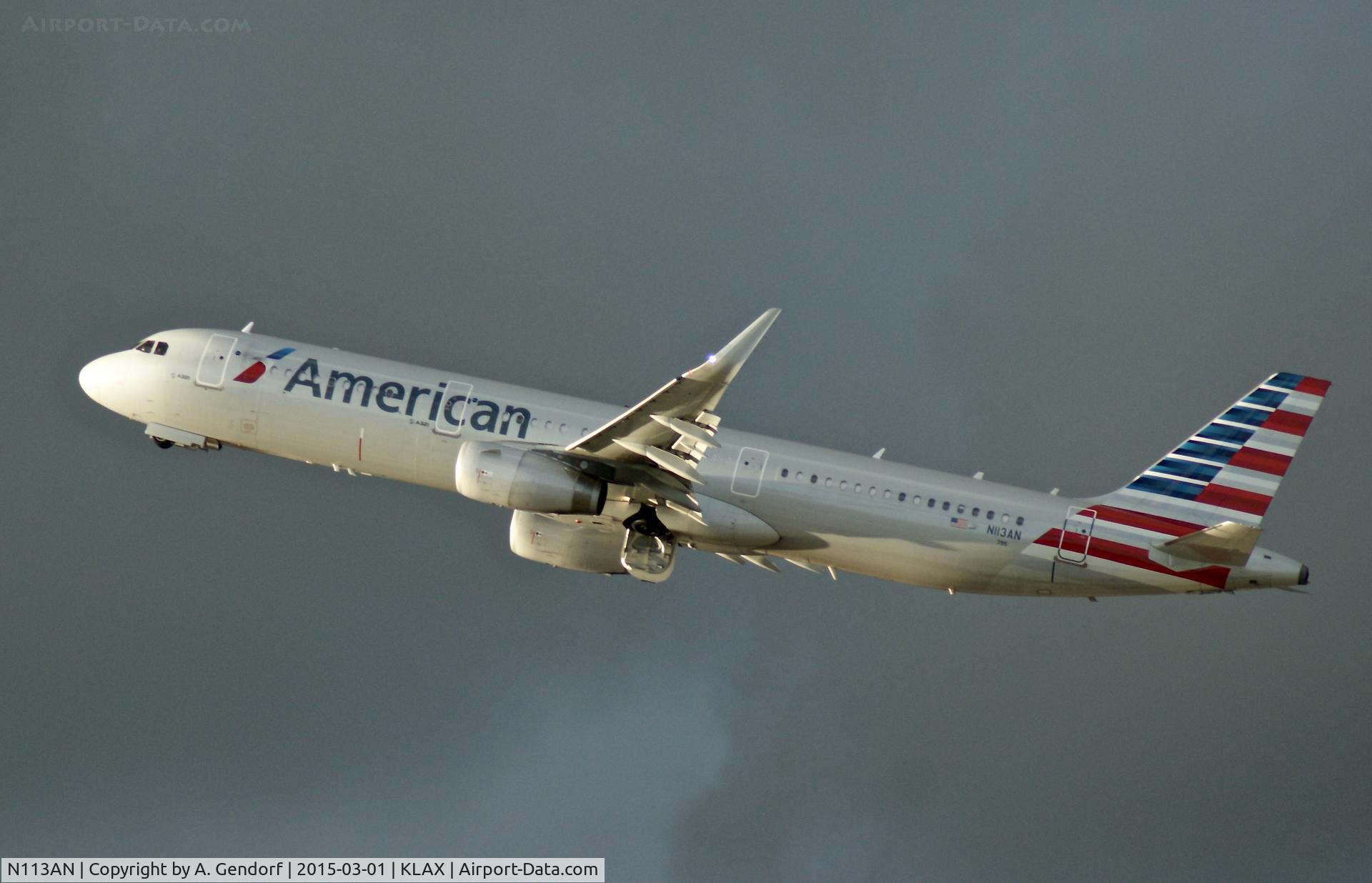 N113AN, 2014 Airbus A321-231 C/N 6020, American Airlines, is here taking off at Los Angeles Int'l(KLAX)