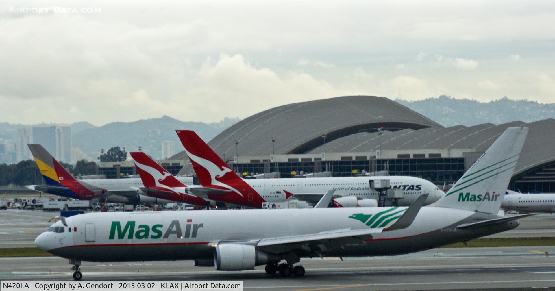 N420LA, 2006 Boeing 767-316F C/N 34627, MAS Air Cargo, is here taxiing to the cargo ramp at Los Angeles Int'l(KLAX)