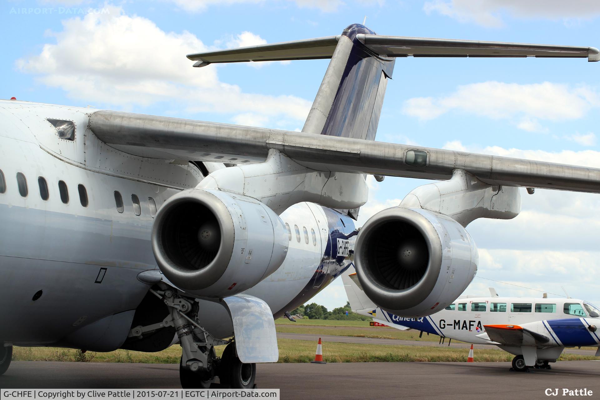G-CHFE, 1996 British Aerospace Avro 146-RJ85 C/N E.2294, Parked up at Cranfield, Bedfordshire. UK EGTC