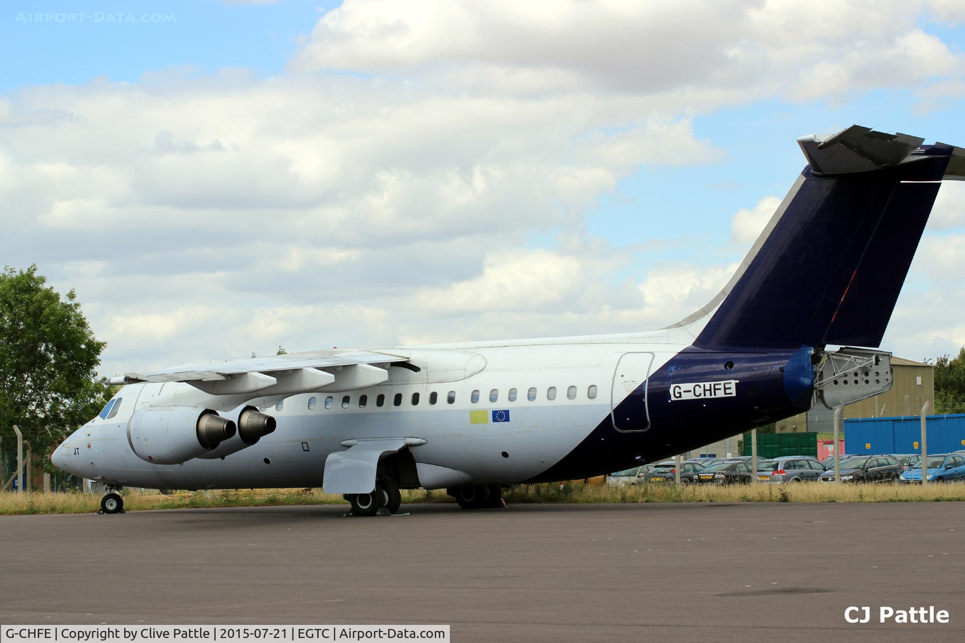 G-CHFE, 1996 British Aerospace Avro 146-RJ85 C/N E.2294, Parked up at Cranfield, Bedfordshire. UK EGTC
