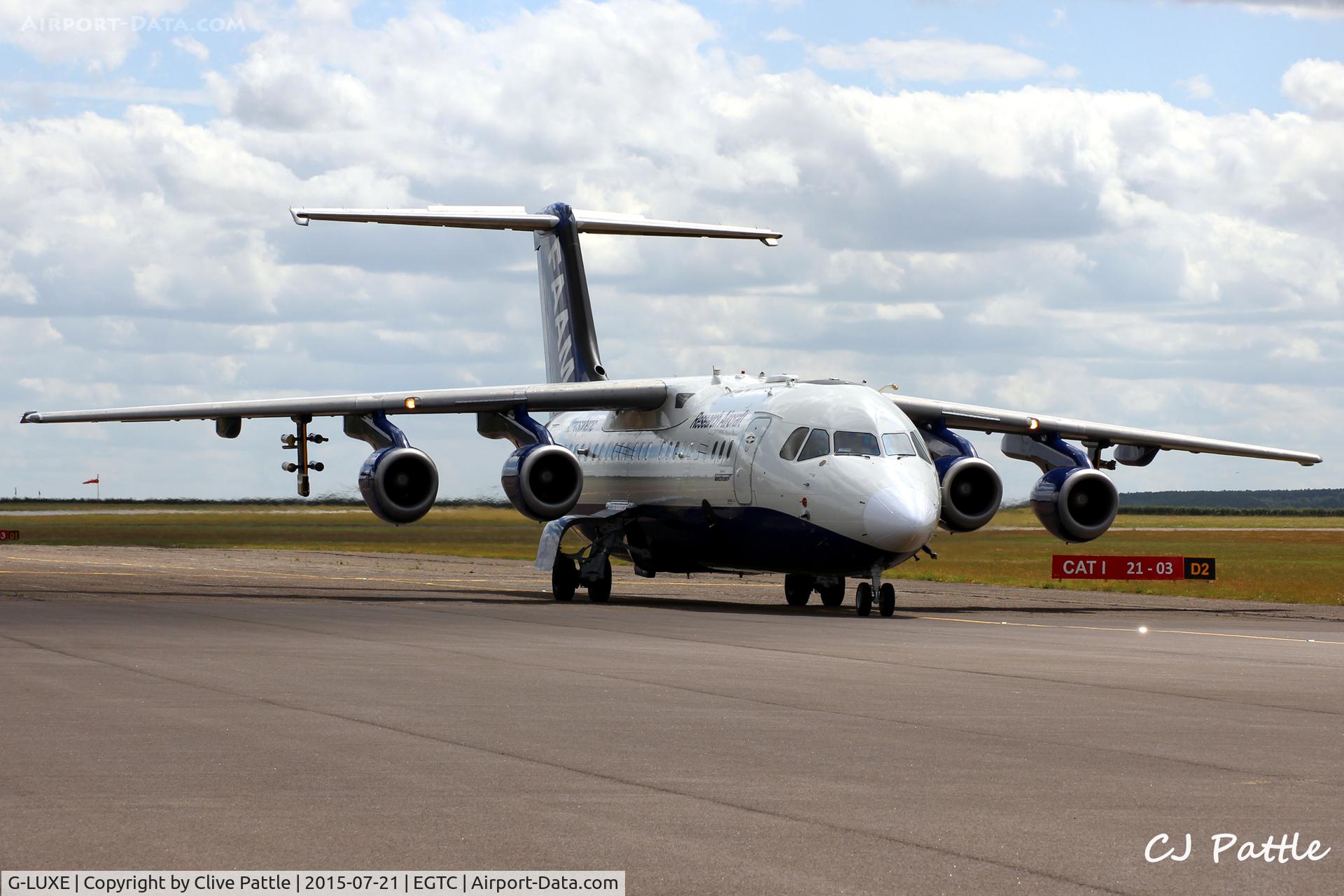 G-LUXE, 1981 British Aerospace BAe.146-301 C/N E3001, Taxy in at Cranfield, Bedfordshire. UK EGTC used for Met Research.