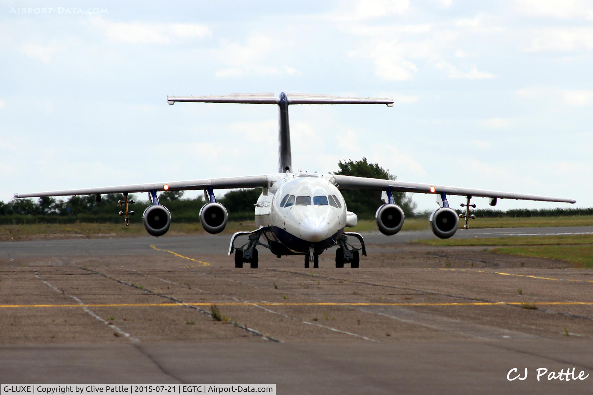 G-LUXE, 1981 British Aerospace BAe.146-301 C/N E3001, Taxy in at Cranfield, Bedfordshire. UK EGTC