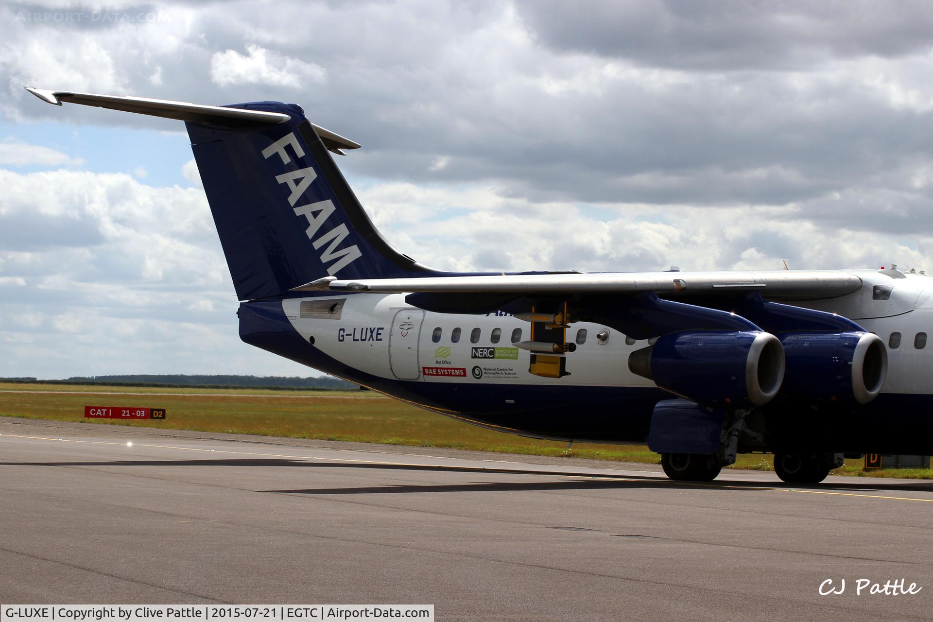 G-LUXE, 1981 British Aerospace BAe.146-301 C/N E3001, Tail close-up in action at Cranfield, Bedfordshire. UK EGTC
