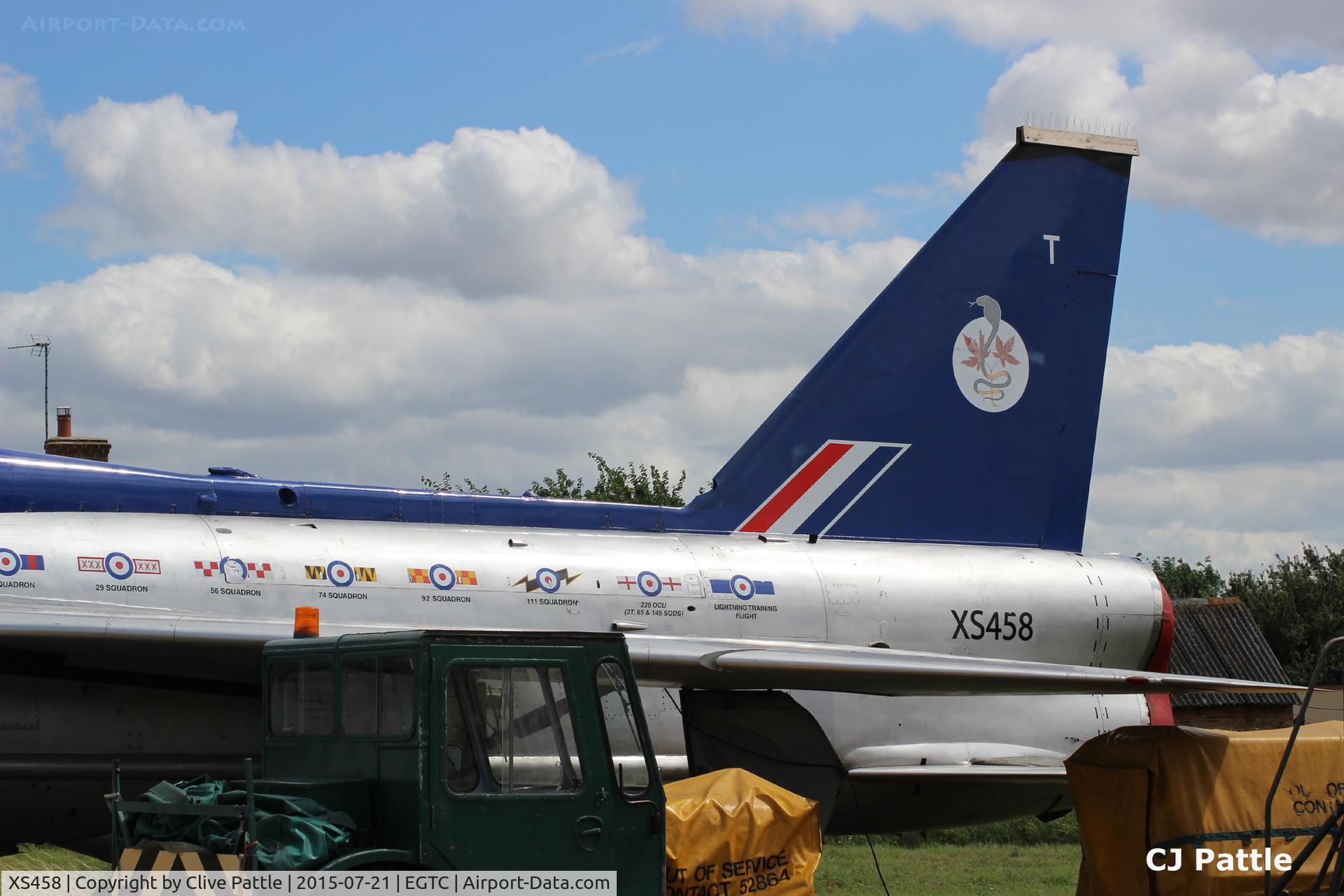 XS458, 1965 English Electric Lightning T.5 C/N 95018, Tail detail - Parked at Cranfield, Bedfordshire. UK EGTC