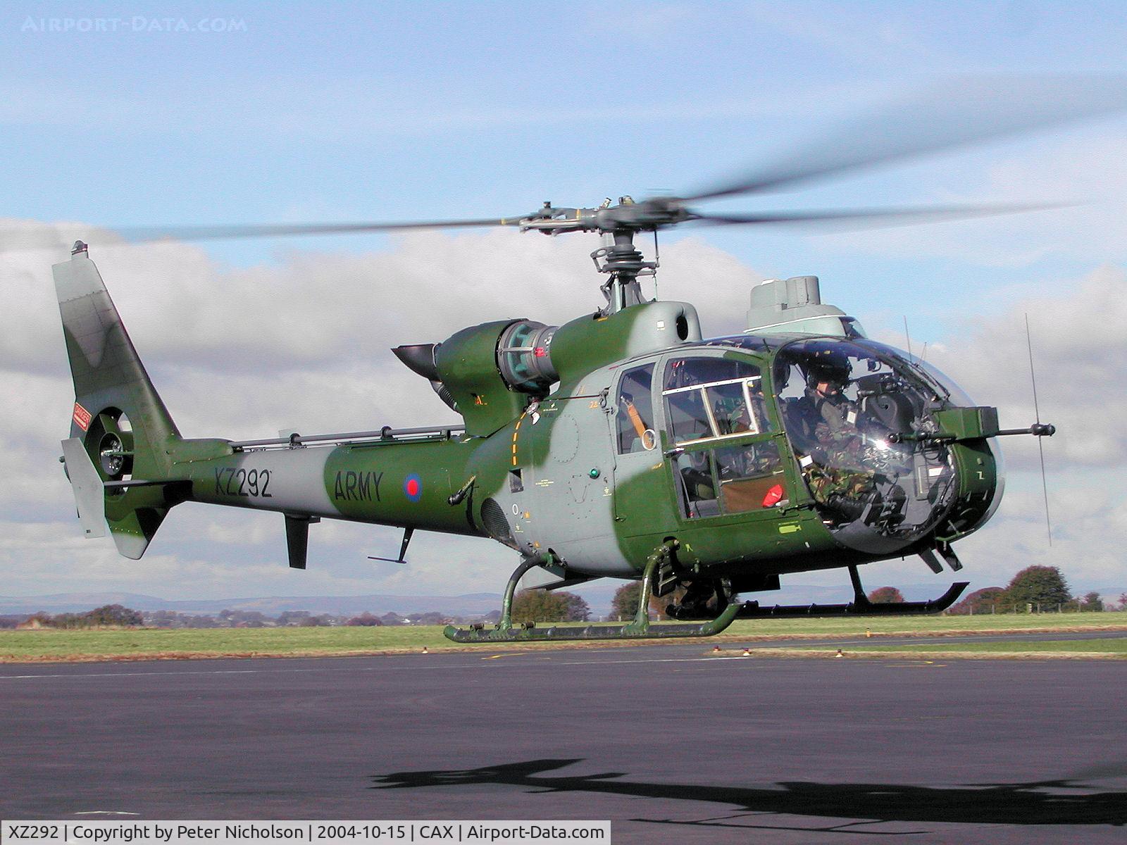 XZ292, 1976 Westland SA-341B Gazelle AH1 C/N 1502, Gazelle AH.1, callsign Scorpion, of 654 Squadron as seen at Carlisle in October 2004.