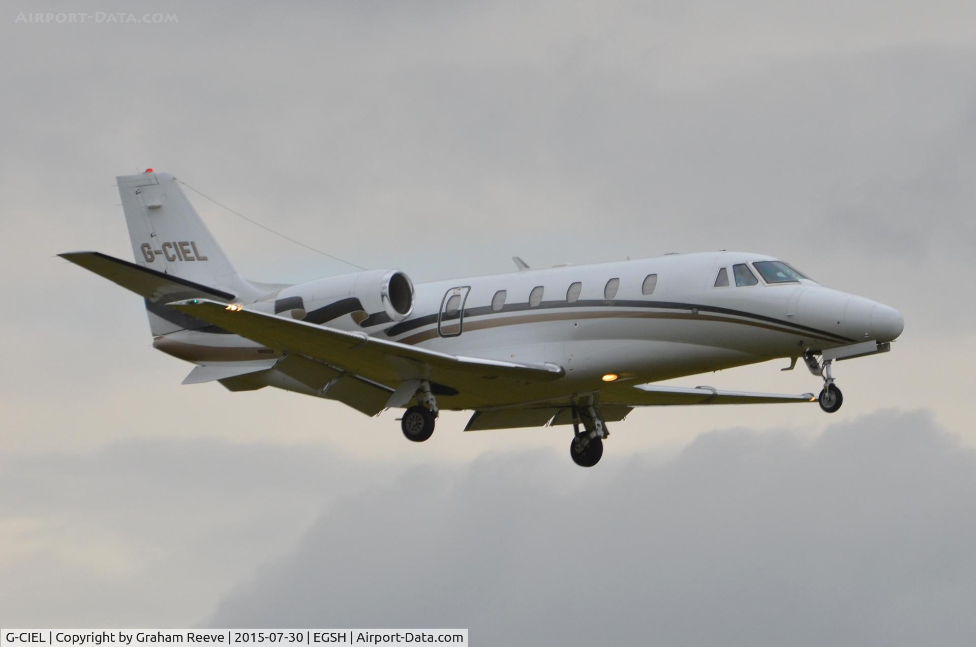 G-CIEL, 2002 Cessna 560XL Citation Excel C/N 560-5247, Landing at Norwich.