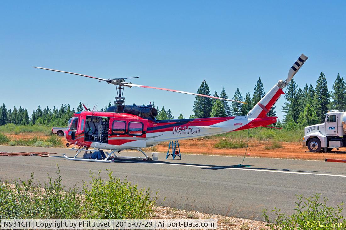 N931CH, 1972 Bell 205A-1 C/N 30110, Parked on runway at Blue Canyon Airport, CA, during Lowell Fire.